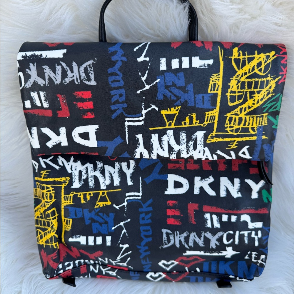 DKNY Black and Multicolor Graphic Backpack